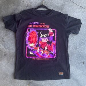 Steven Rhodes Black Graphic T-Shirt with Cat Dimension Design, Sz Medium